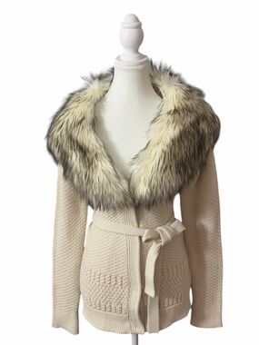 Guess - Vintage Y2K Angora Rabbit Blend Knit Belted Cardigan with Fur Collar